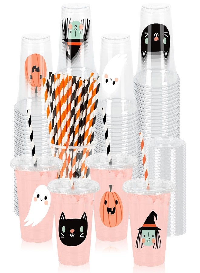 وولاين مجموعة أكواب بلاستيكية شفافة للاستخدام مرة واحدة من والين، 48 قطعة، سعة 12 أونصة، بتصميمات أشباح وقرع وقطة سوداء، مثالية لحفلات الهالوين وأعياد الميلاد. مزودة بأغطية وماصات. - Image 1